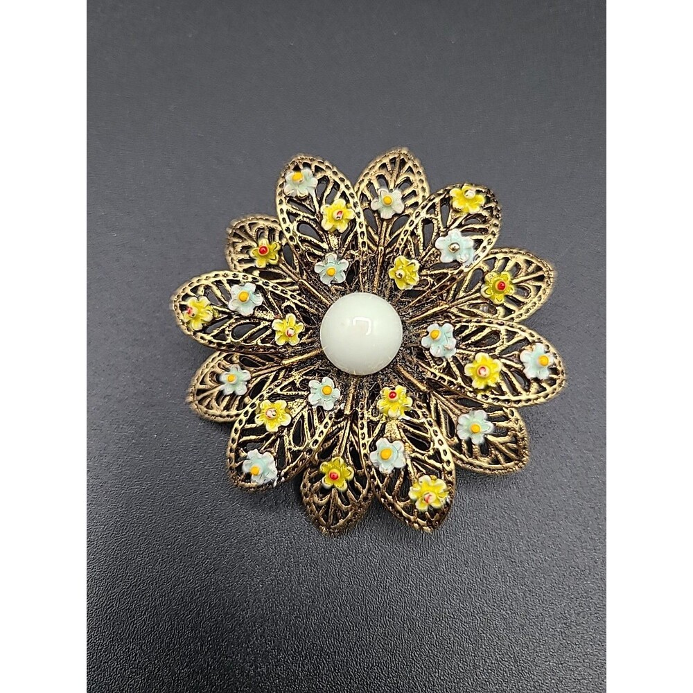 Vintage ART Arthur Pepper Flower Pin Brooch Blue Yellow Enamel Gold PL 1960s